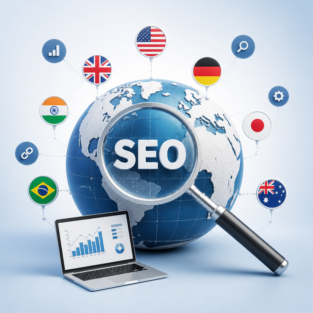 International SEO services illustration showing global search optimization, country targeting and organic performance analytics