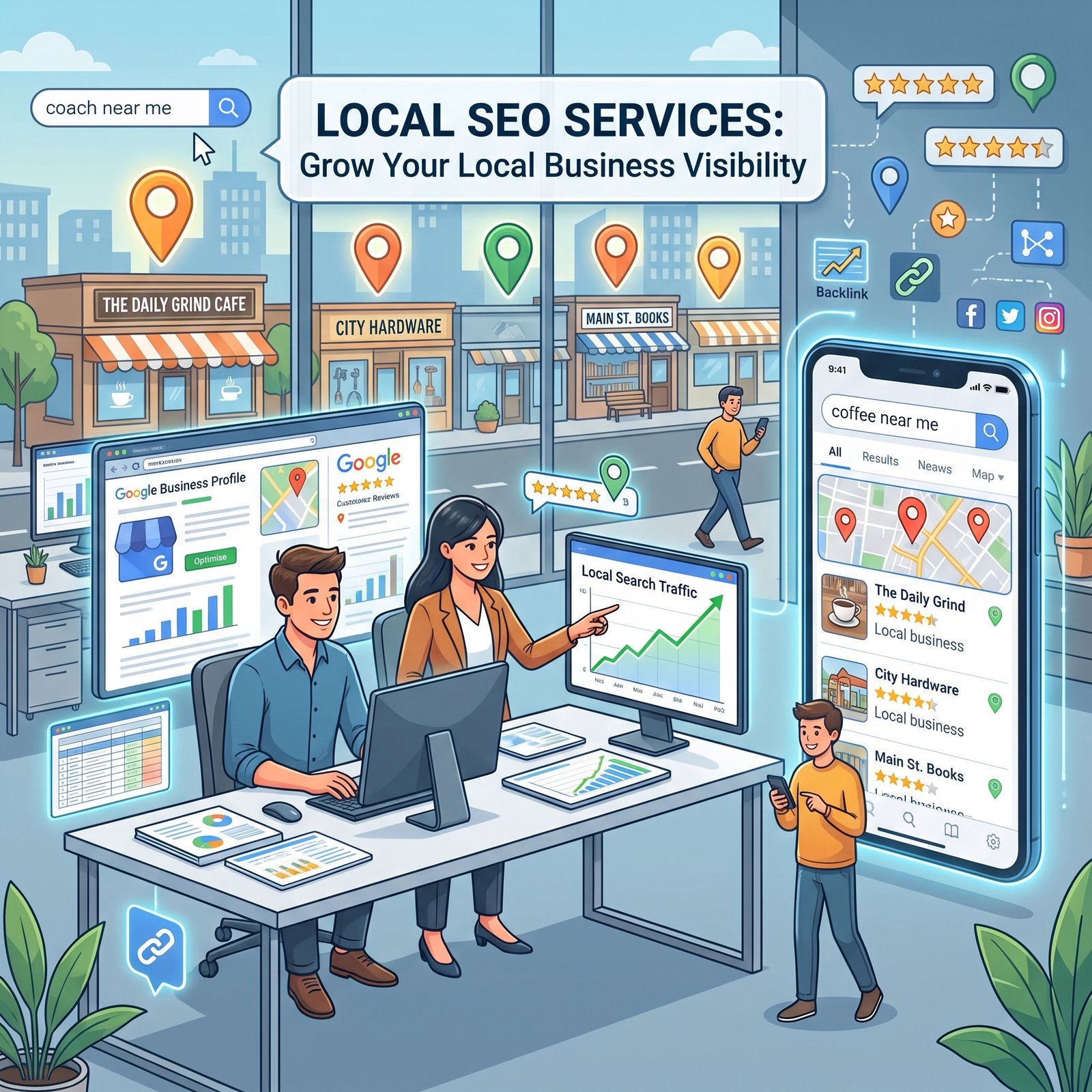 Local SEO team optimizing Google Business Profile, map rankings, customer reviews and near me search visibility