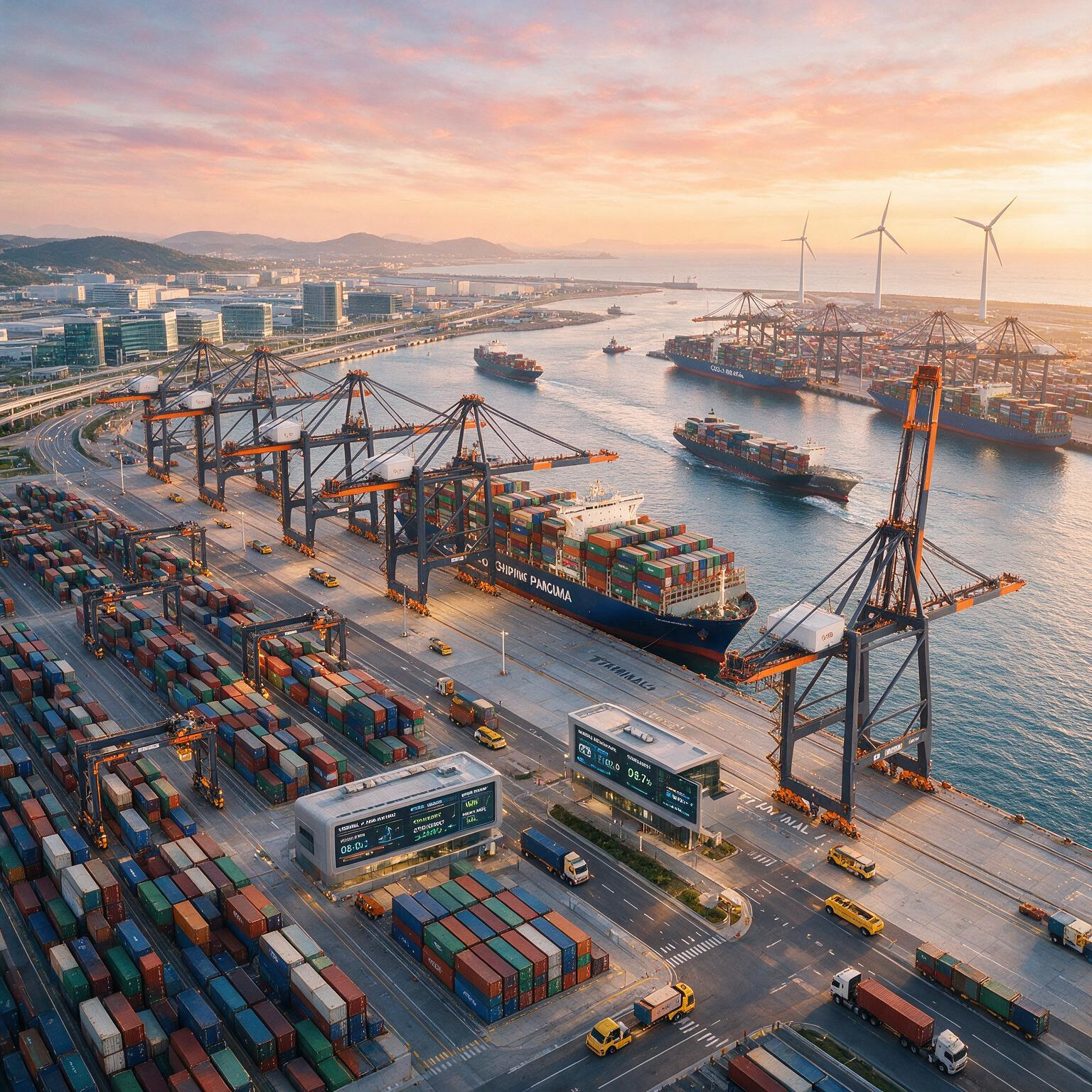 Global logistics and supply chain operations showing container terminals, cargo ships, freight vehicles and port infrastructure