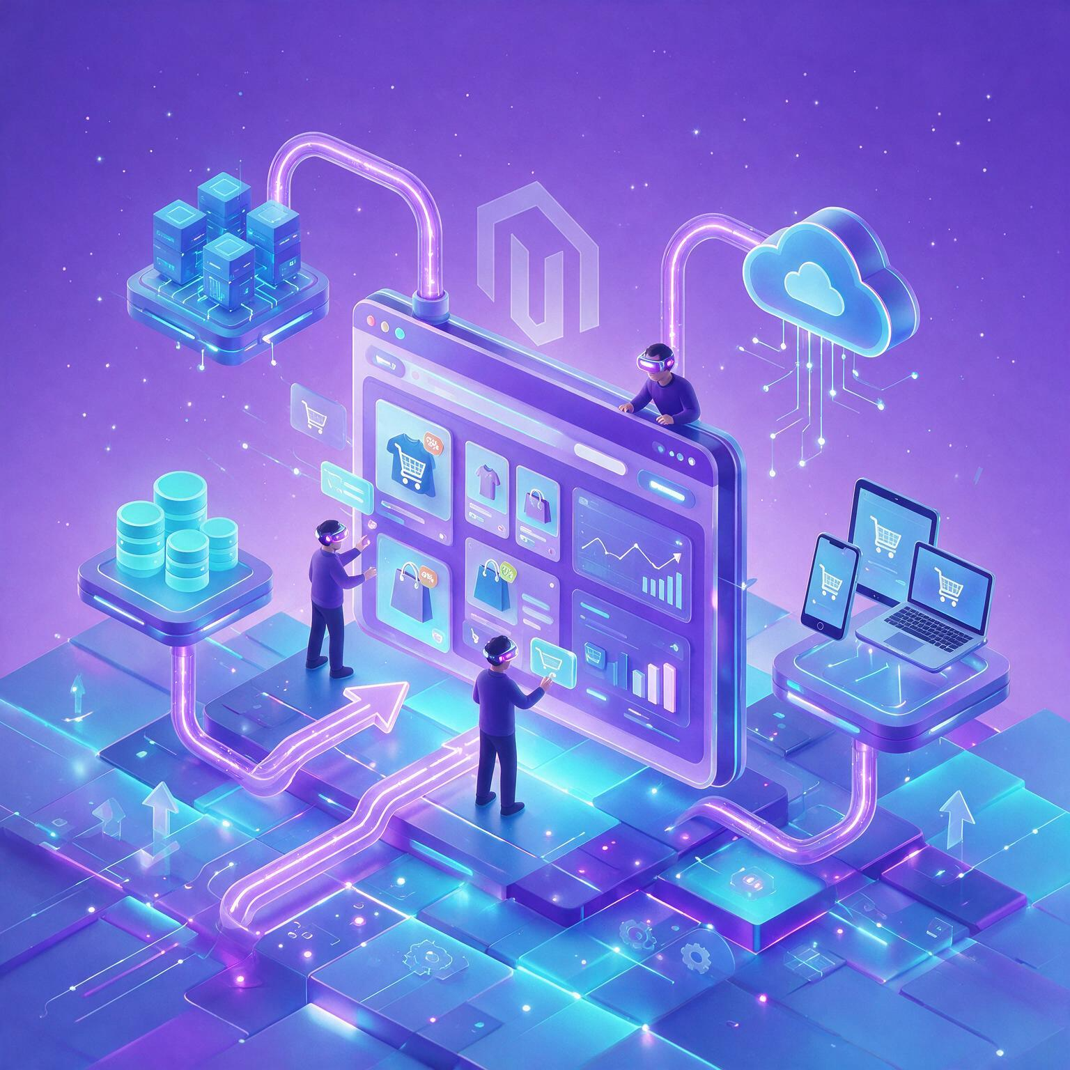 Magento ecommerce platform connected to cloud hosting, databases, servers and responsive shopping devices