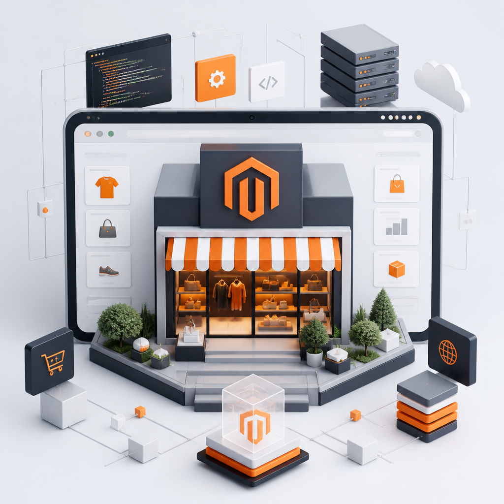 Magento web development services illustration showing a custom online storefront, product catalogue and ecommerce infrastructure
