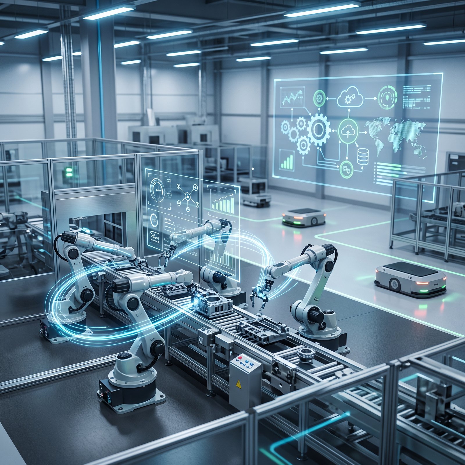 Manufacturing technology solutions showing robotic automation, connected machinery, digital monitoring and smart factory operations