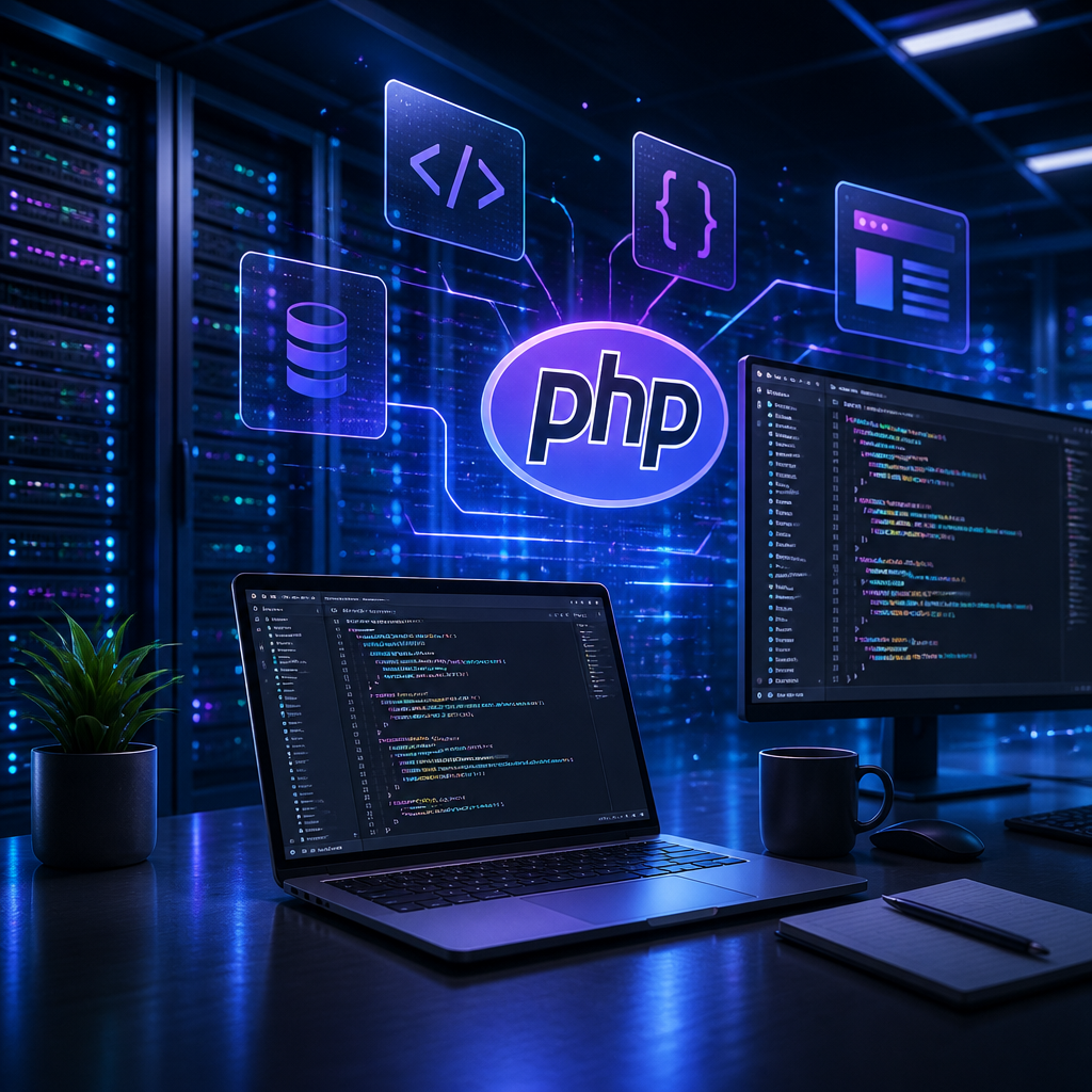 PHP web development environment with application code, database integration, server infrastructure and website components