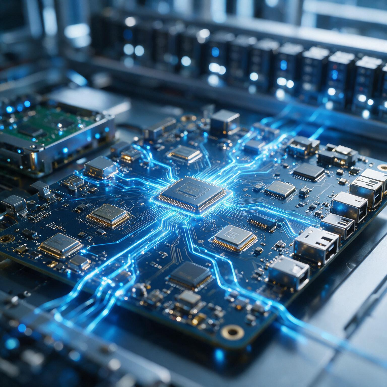 Digital technology infrastructure for professional services showing connected processors, data systems and integrated business technology