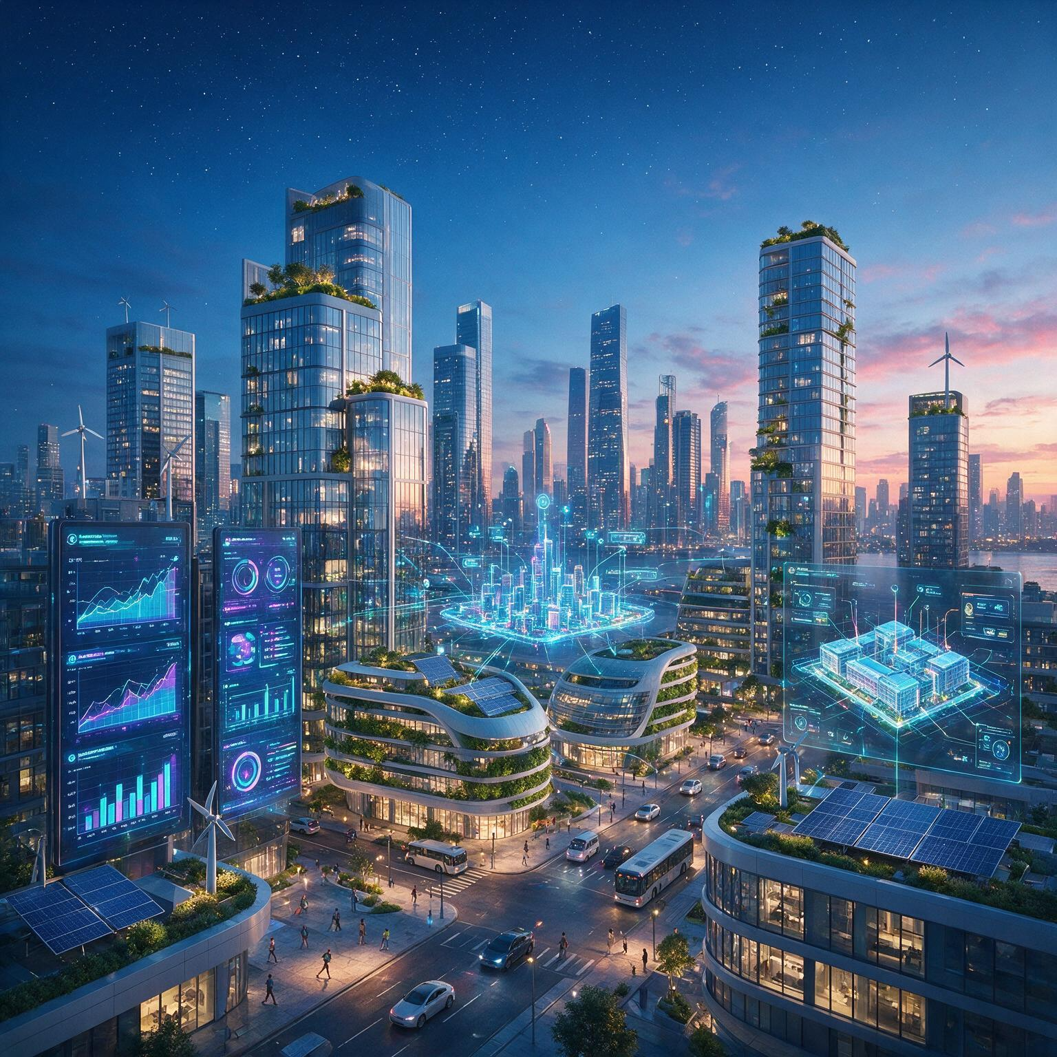 Real estate and PropTech smart city showing connected buildings, property analytics, digital infrastructure and sustainable technology