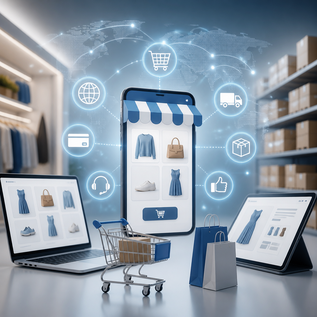 Retail and ecommerce digital solutions connecting online stores, mobile shopping, payments, order fulfilment and global commerce