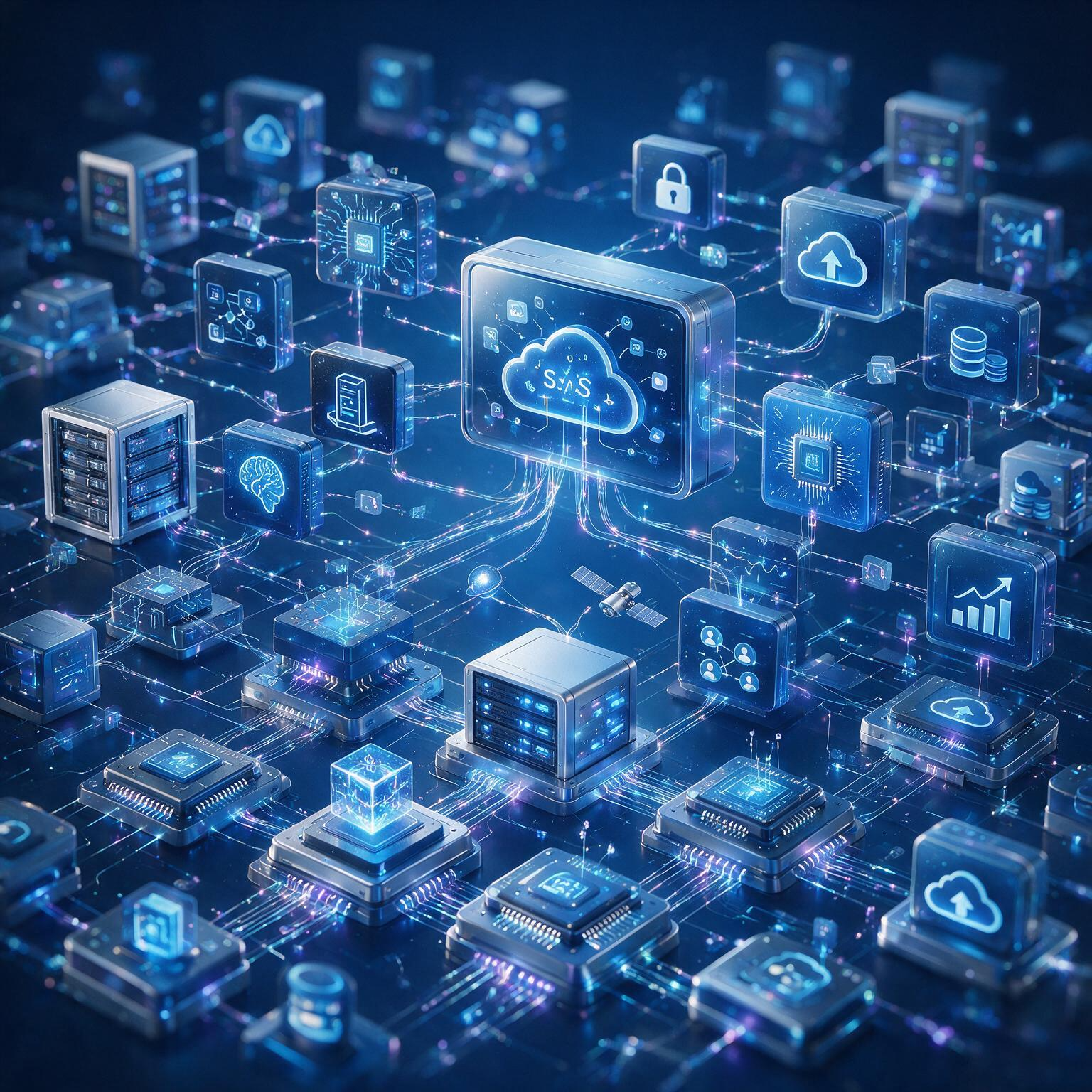 SaaS and software technology ecosystem connecting cloud infrastructure, servers, databases, security, AI and analytics 