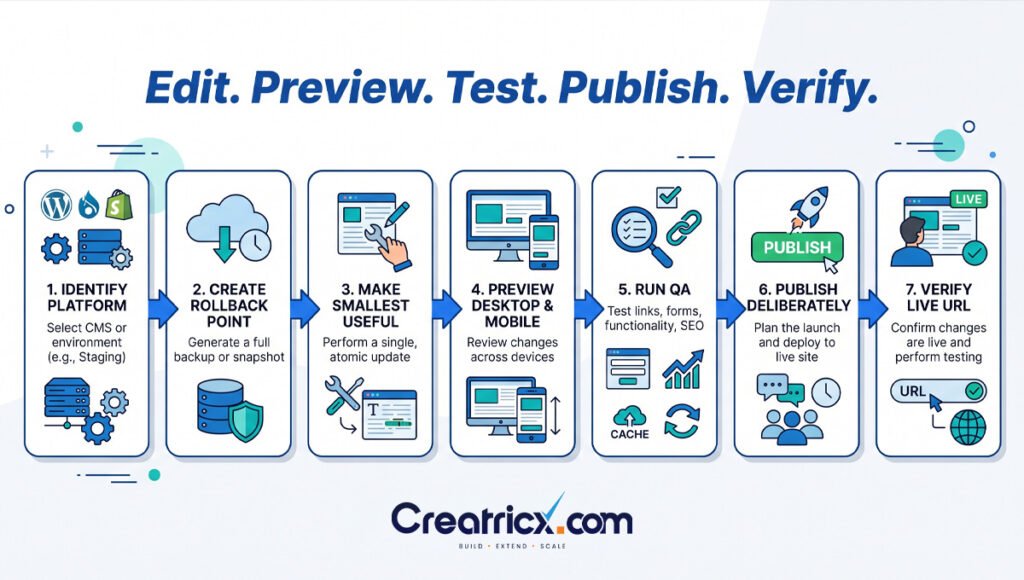 Seven steps to edit, preview, test, publish, and verify a website