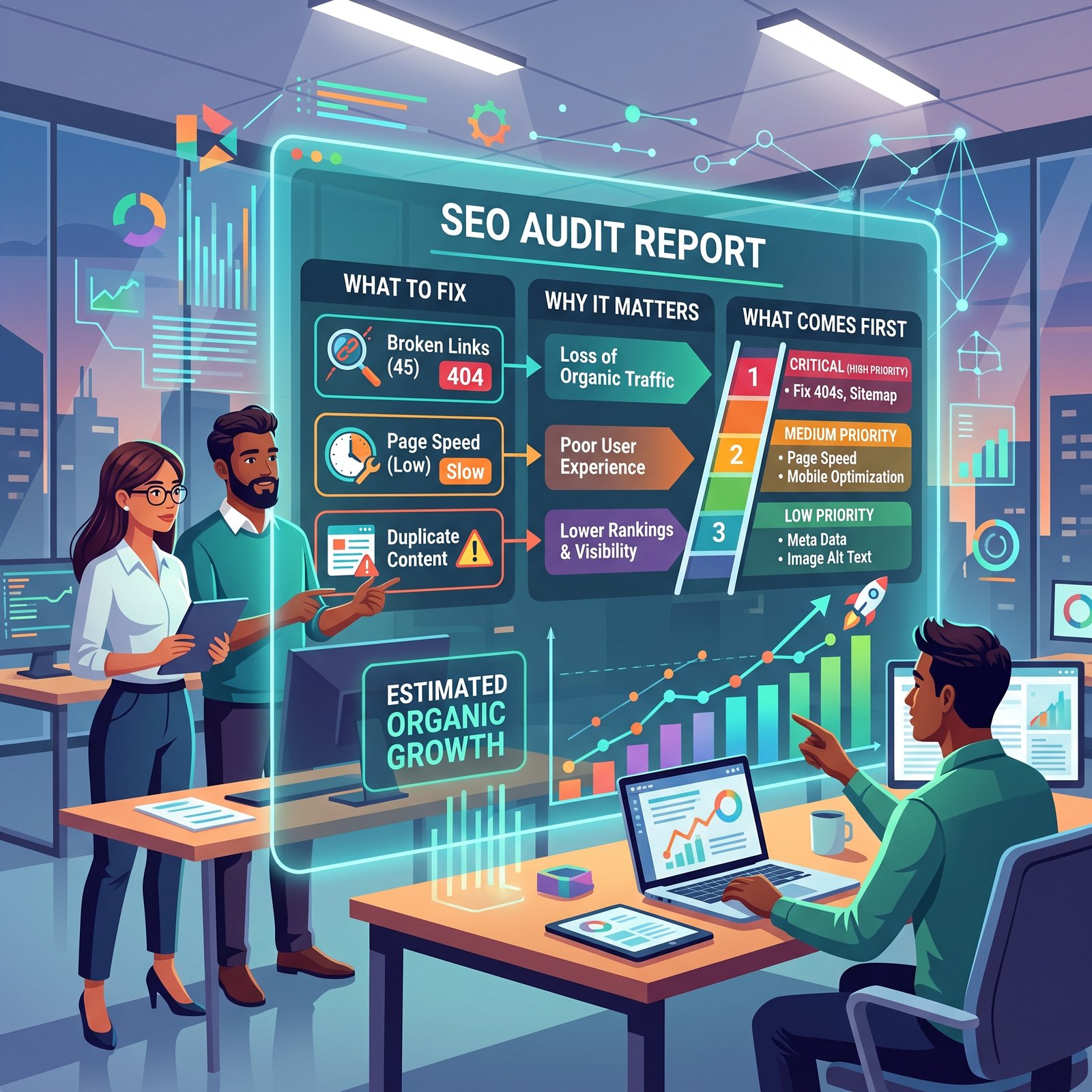 SEO audit report showing broken links, page speed, duplicate content and prioritized recommendations for organic growth