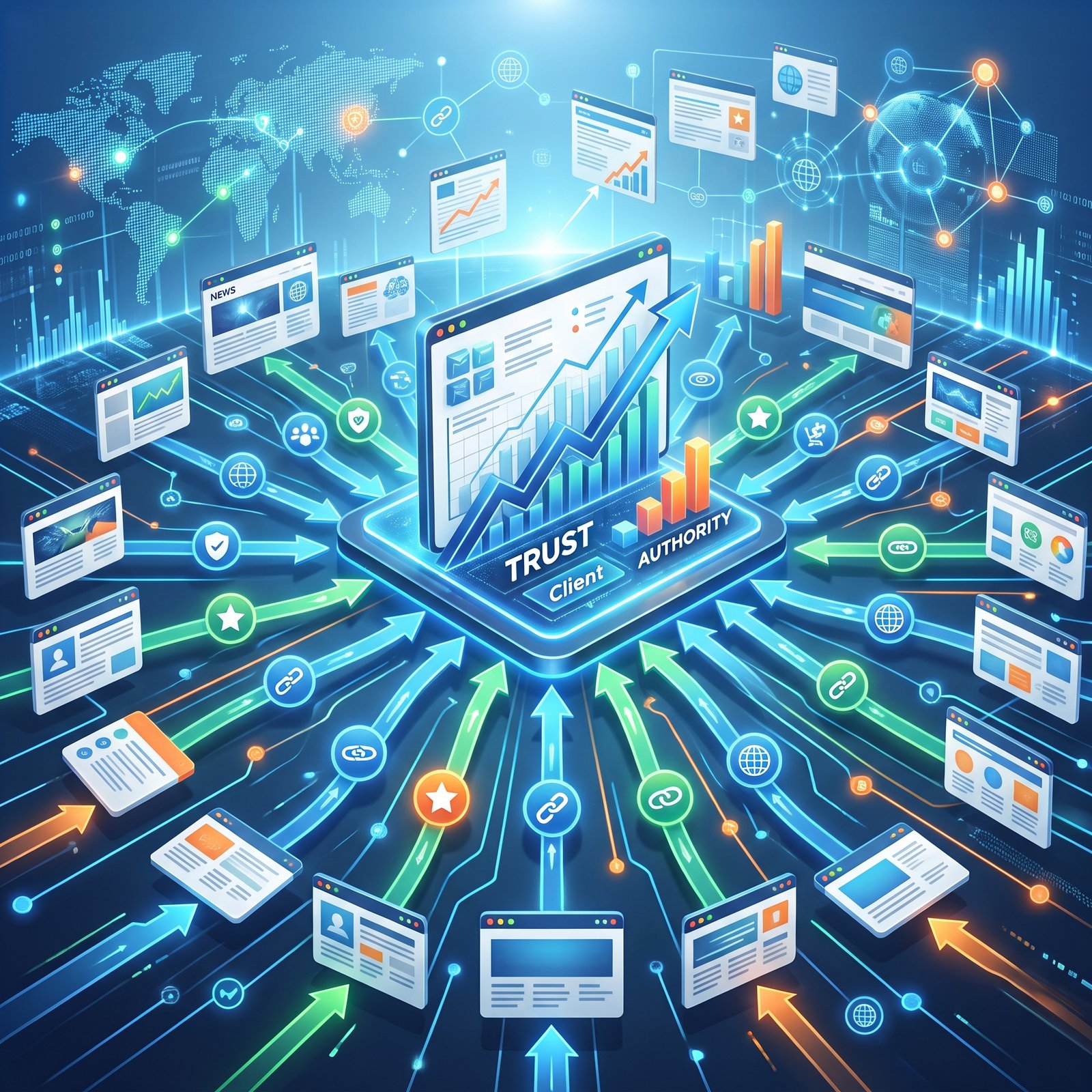 Multiple websites linking to a central platform to strengthen domain authority, trust and organic search visibility
