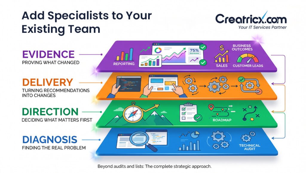 SEO specialist evaluation framework covering diagnosis, direction, delivery and evidence