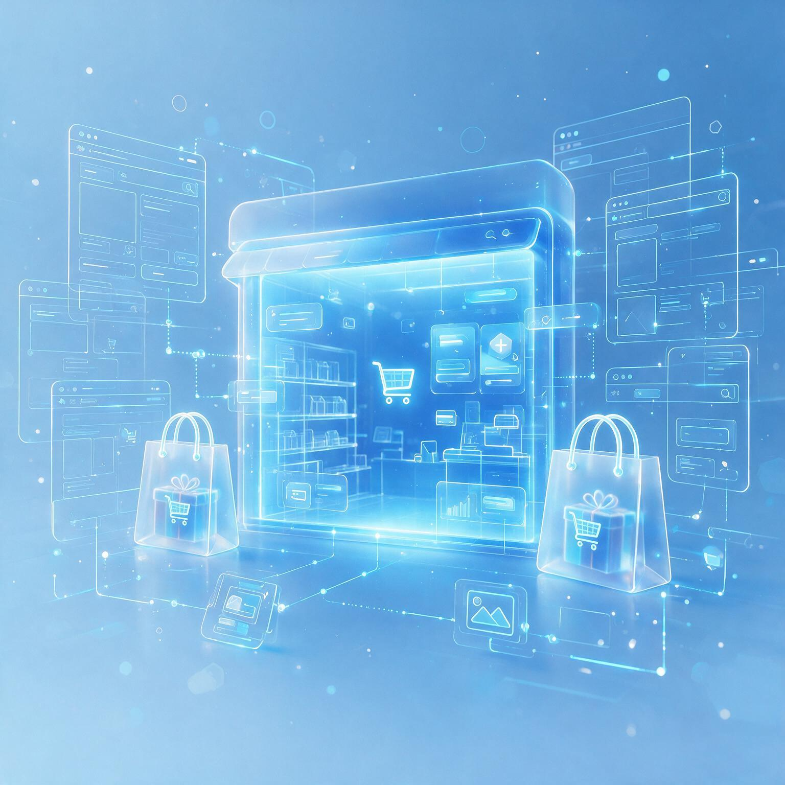 Digital ecommerce storefront connected to product pages, shopping interfaces and responsive website components
