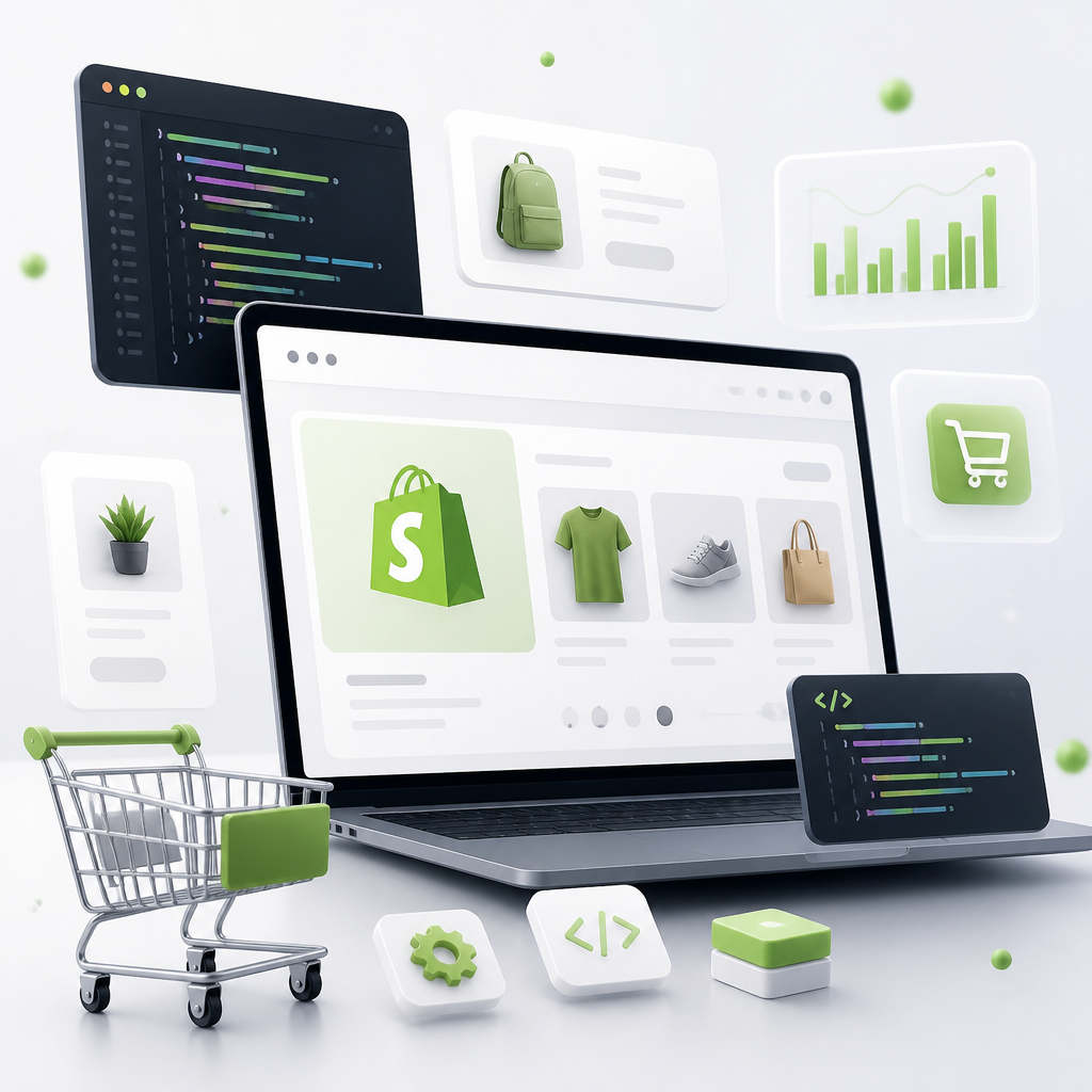 Shopify web development services illustration showing a custom online store, product catalogue, shopping cart and application code