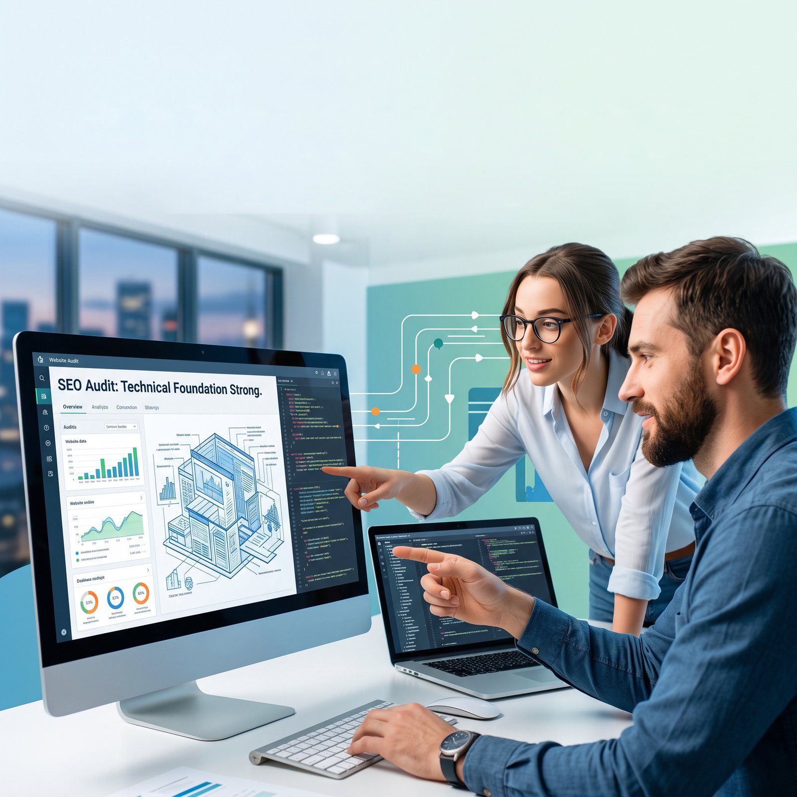 Technical SEO specialists reviewing website audit data, code, site architecture and organic performance metrics