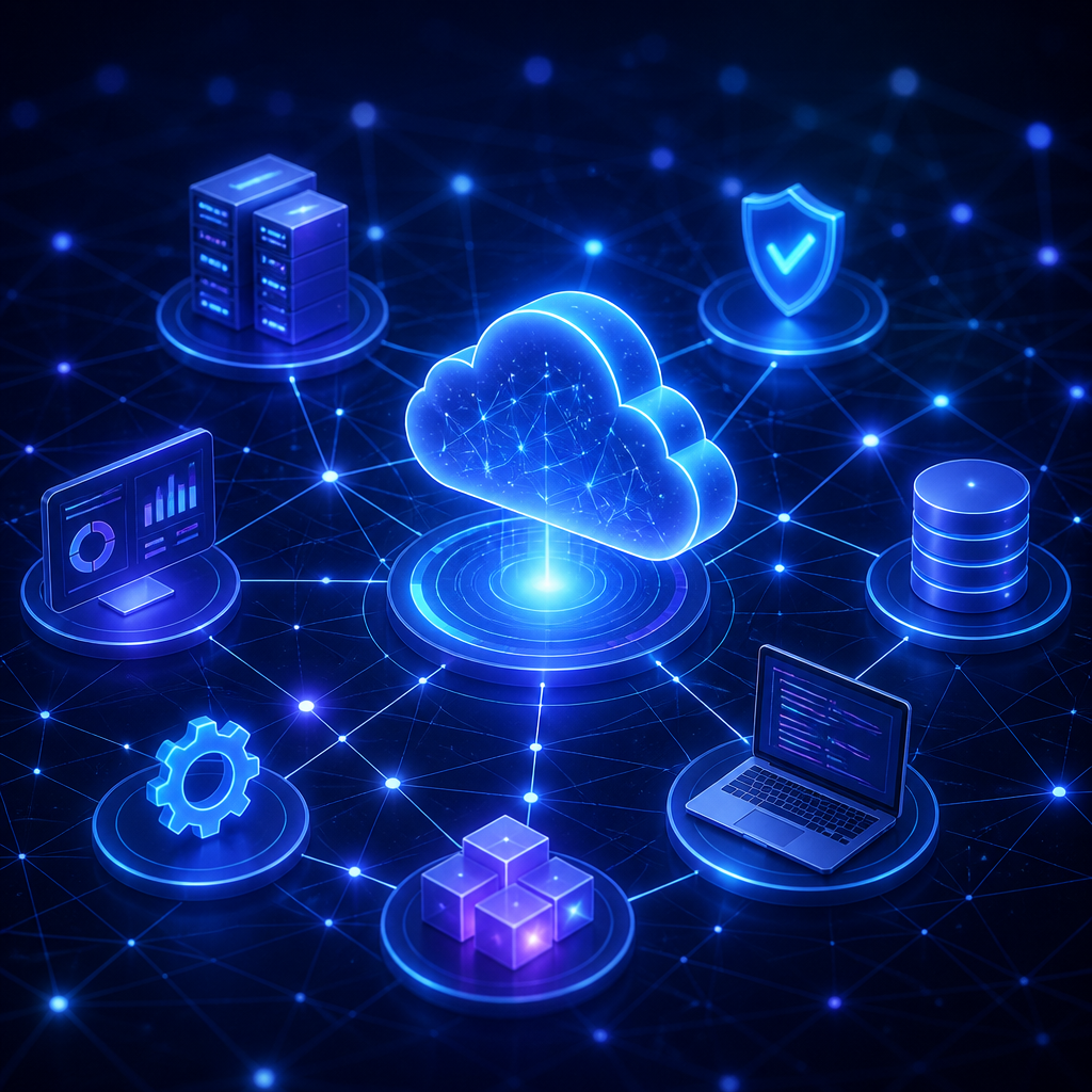 Technology, SaaS and software solutions connecting cloud platforms, servers, databases, security and application development