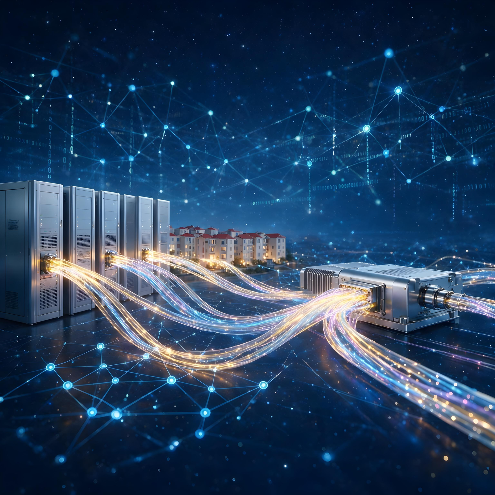 Telecom network infrastructure connecting servers and communication equipment through high-speed digital data links