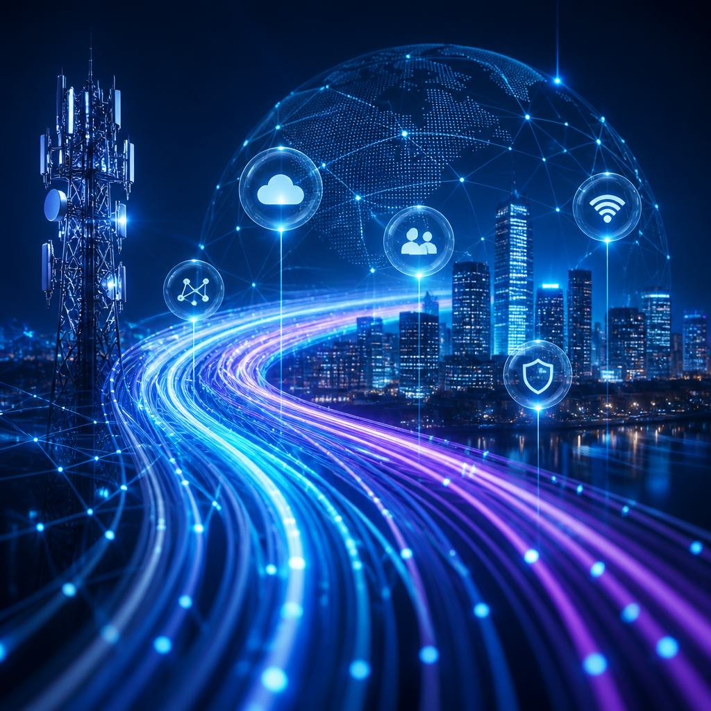 Telecommunications network connecting a city with mobile infrastructure, cloud services, wireless connectivity and cybersecurity