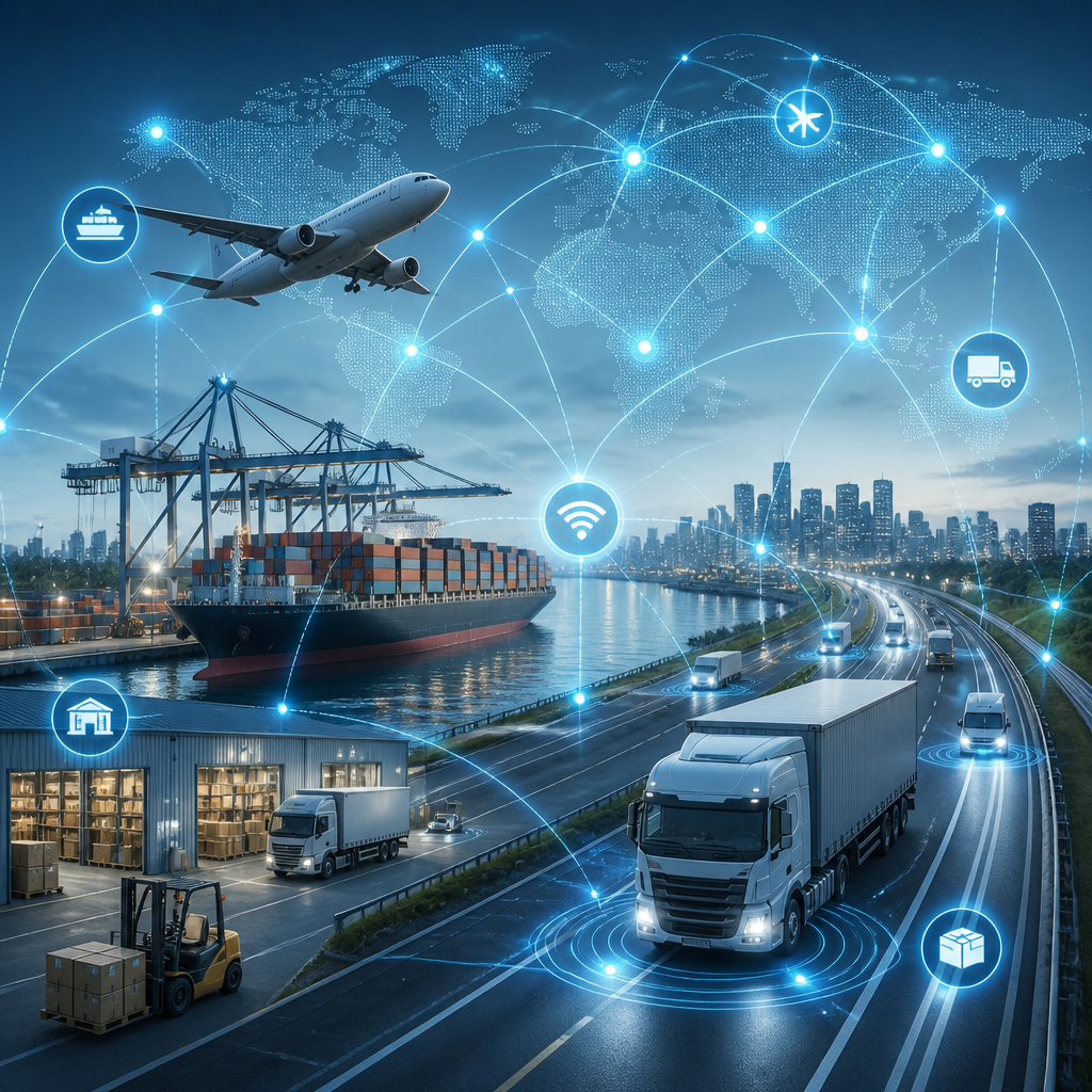 Transportation and logistics technology connecting trucks, cargo ships, air freight, warehouses and global supply chain networks></div><div class=
