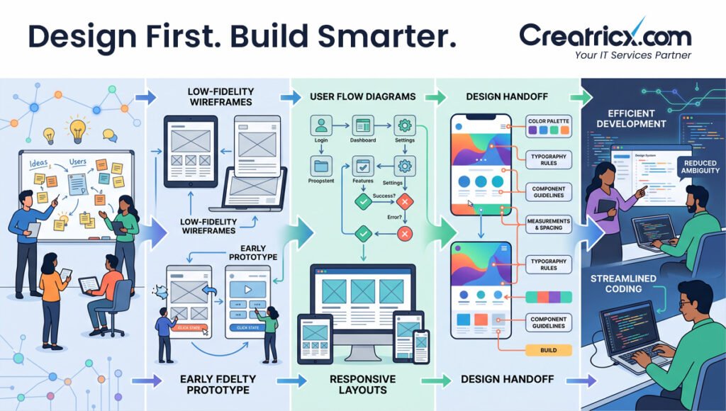 UI/UX designers and developers collaborating on wireframes, responsive development and QA