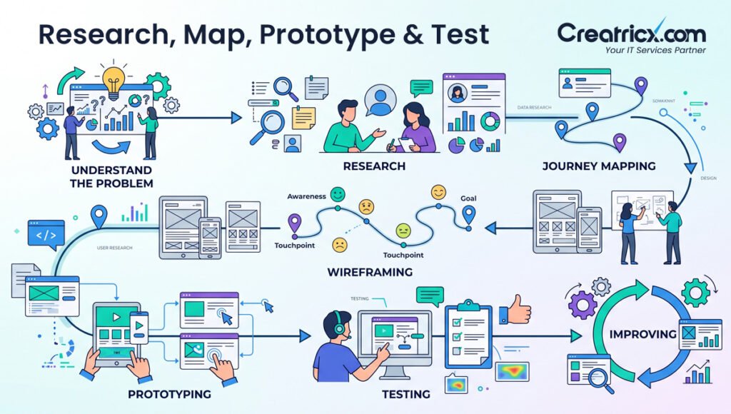 UX design process from user research and journey mapping to prototyping and usability testing