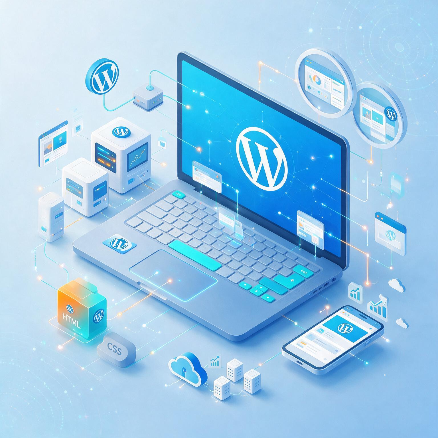 WordPress development platform connected to responsive websites, mobile devices, hosting servers and performance tools