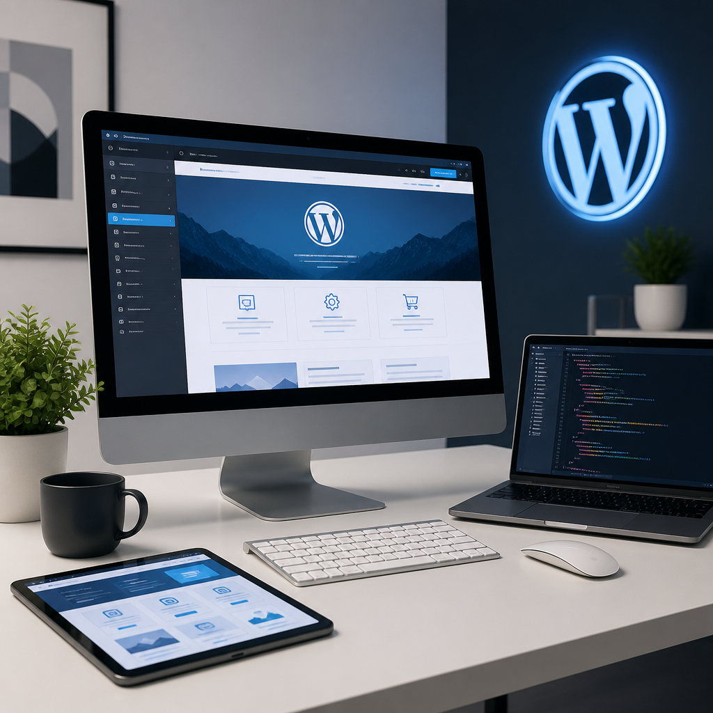 WordPress web development workspace showing a custom website, application code and responsive desktop and tablet layouts