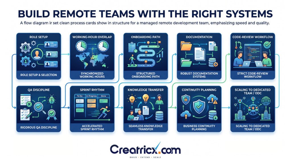 Ten process cards covering role setup, working-hour overlap, onboarding, documentation, code reviews, QA and team continuity.