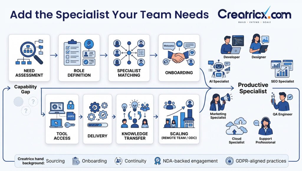 Process diagram from need assessment and specialist matching through onboarding, delivery, knowledge transfer and scaling.