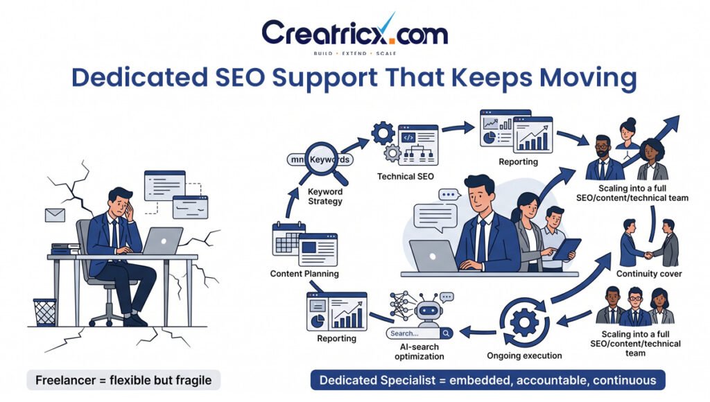 Freelancer compared with an embedded dedicated SEO specialist providing continuous support