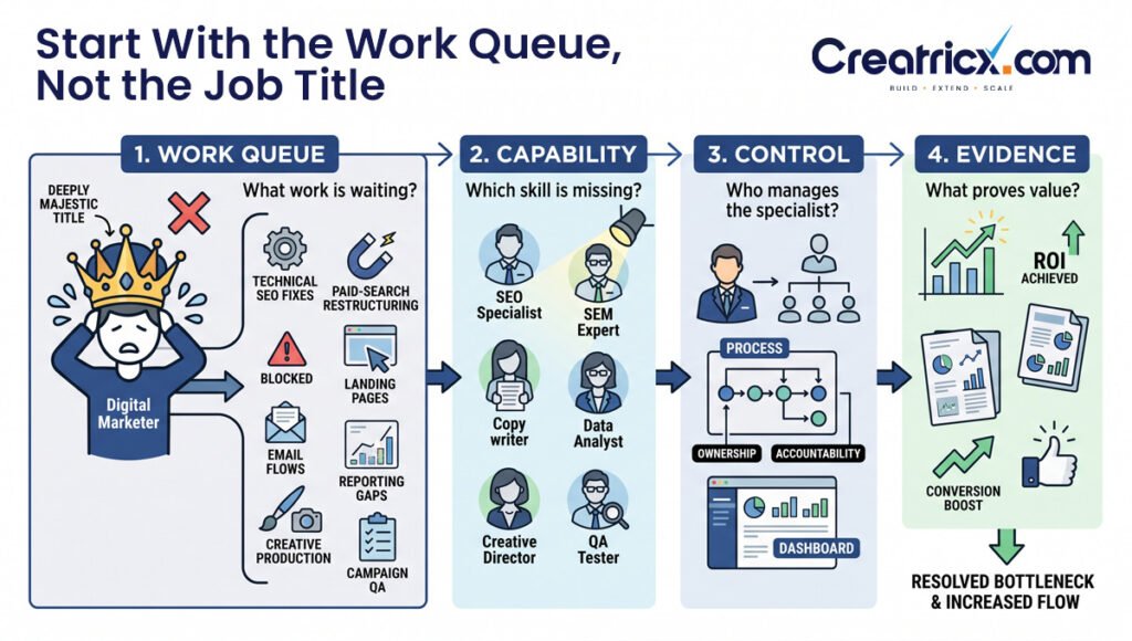 Four-step framework covering the marketing work queue, missing capability, management control and evidence of value