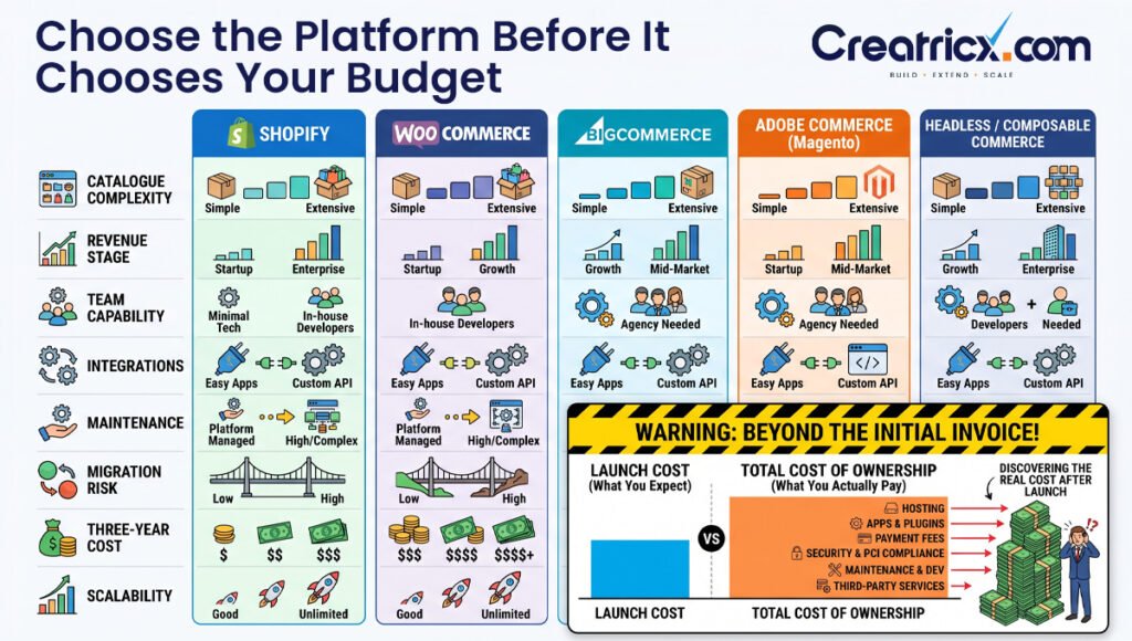 Shopify, WooCommerce, BigCommerce, Adobe Commerce and headless ecommerce platform comparison