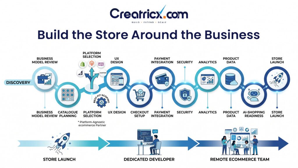 Ecommerce website development process from discovery and platform selection to store launch