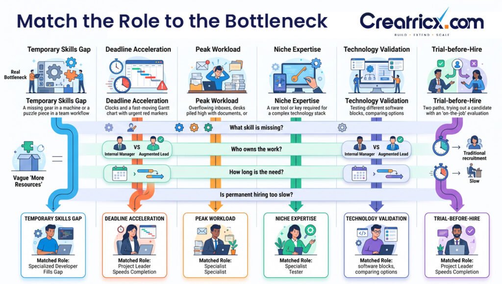 Framework matching staff augmentation roles to skills gaps, deadlines, peak workloads, niche expertise, technology validation and trial-before-hire needs