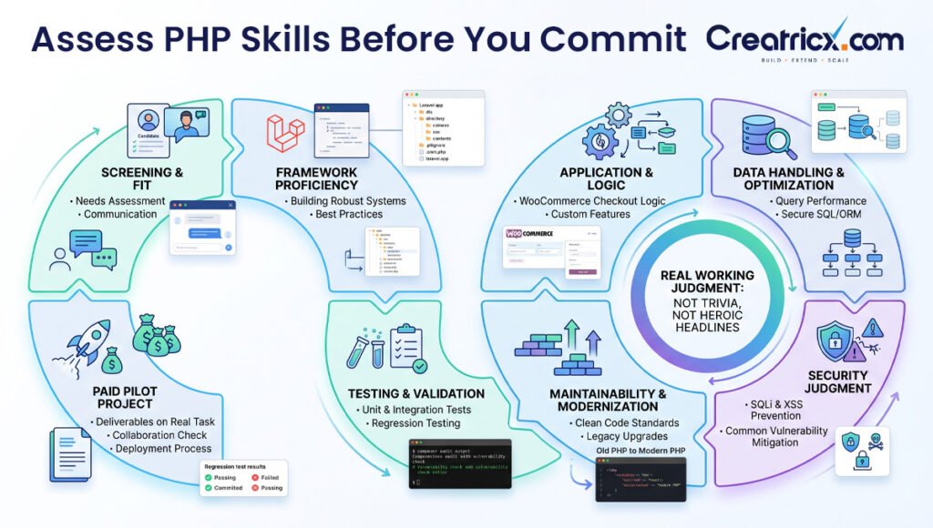 PHP developer assessment covering framework skills, application logic, databases, security, maintenance, testing and a paid pilot.
