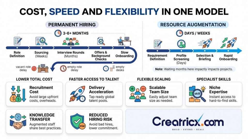 Comparison of permanent hiring and resource augmentation timelines, with cards for cost, talent access, scaling, skills and knowledge transfer.
