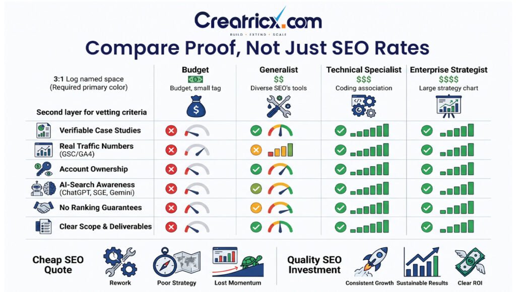 Comparison of SEO specialist pricing tiers and essential vetting criteria