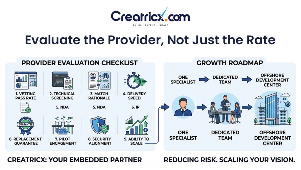 Staff augmentation provider checklist covering vetting, screening, delivery, contracts, security, replacement guarantees and scalability